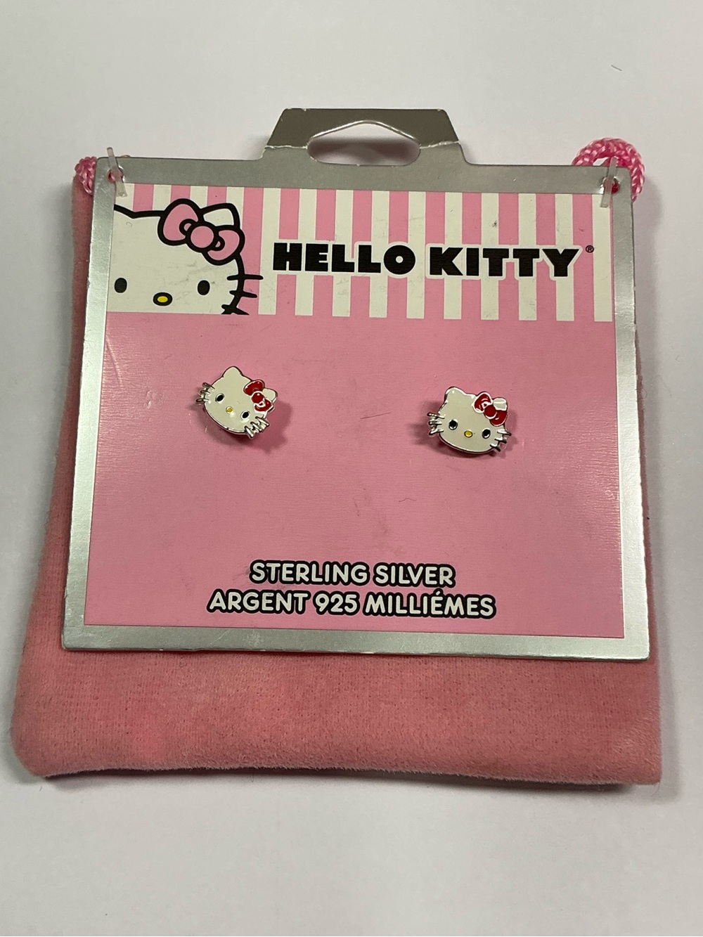 Hello Kitty Silver Enamel Stud Earrings in Pink & White